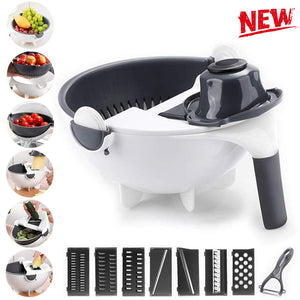 New 9 in 1 Multifunction Magic Rotate Vegetable Cutter with Drain Basket Large Capacity Vegetables Chopper Veggie Shredder Grater Portable Slicer Kitchen Tool with 8 Dicing Blades