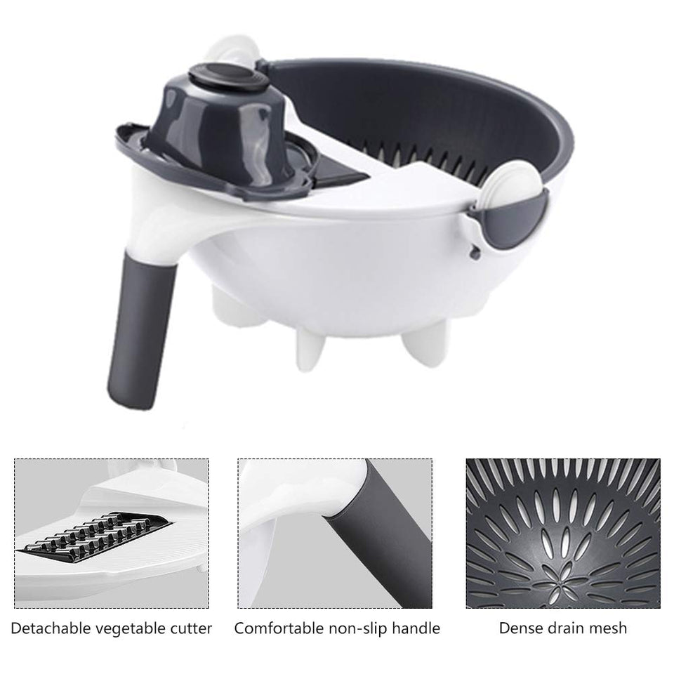 New 9 in 1 Multifunction Magic Rotate Vegetable Cutter with Drain Basket Large Capacity Vegetables Chopper Veggie Shredder Grater Portable Slicer Kitchen Tool with 8 Dicing Blades