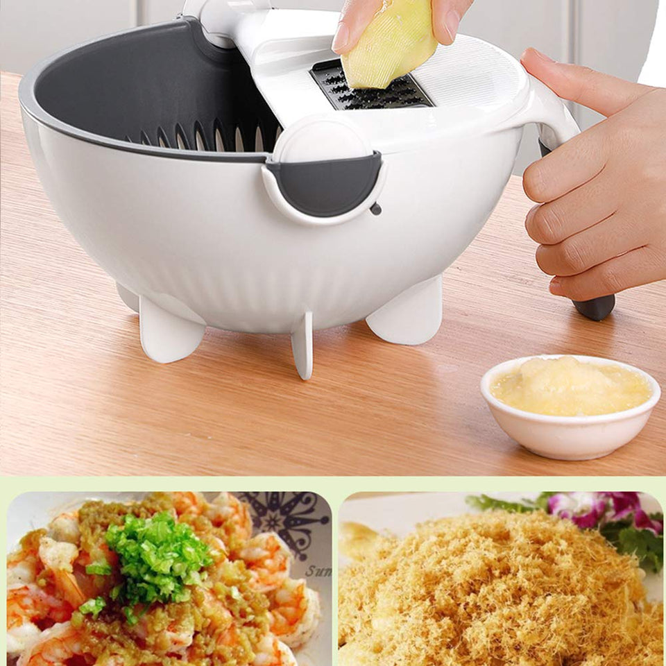 New 9 in 1 Multifunction Magic Rotate Vegetable Cutter with Drain Basket Large Capacity Vegetables Chopper Veggie Shredder Grater Portable Slicer Kitchen Tool with 8 Dicing Blades