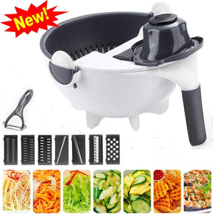 New 9 in 1 Multifunction Magic Rotate Vegetable Cutter with Drain Basket Large Capacity Vegetables Chopper Veggie Shredder Grater Portable Slicer Kitchen Tool with 8 Dicing Blades